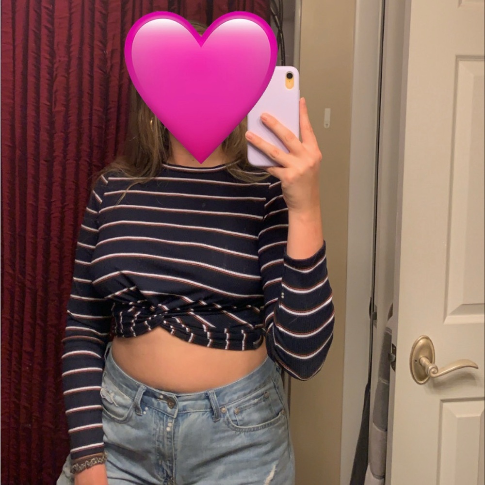 Gaze Navy Striped Long Sleeve Crop Top